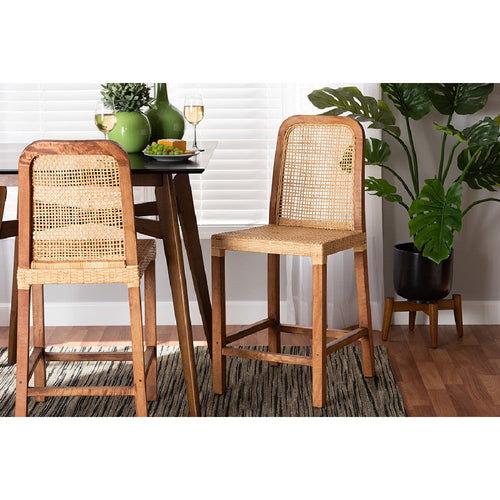 bali & pari Caspia Mid-Century Modern Walnut Brown Mahogany Wood and Natural Rattan Counter Stool