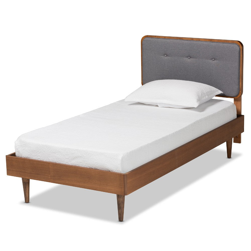 Baxton Studio Cilka Mid-Century Modern Dark Grey Fabric Upholstered and Ash Walnut Finished Wood Twin Size Platform Bed