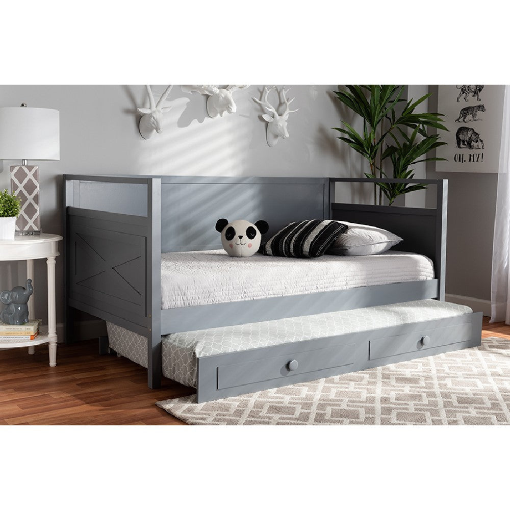 Baxton Studio Cintia Cottage Farmhouse Grey Finished Wood Twin Size Daybed with Trundle WHI-Cintia-Grey-Daybed-T