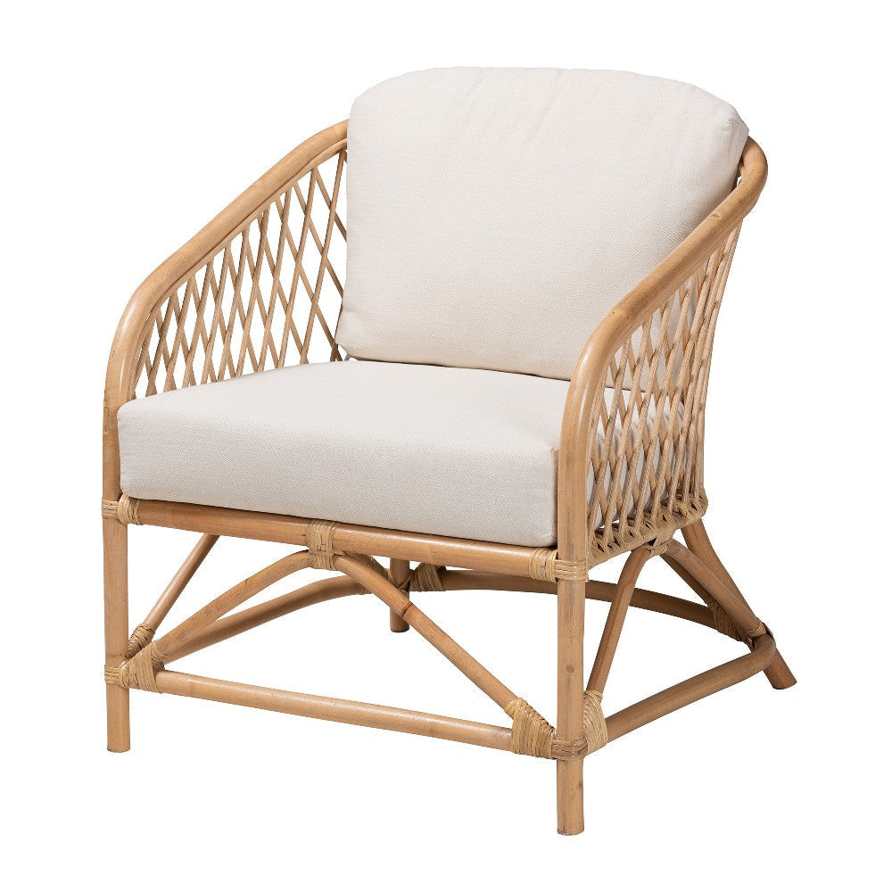 bali & pari Patsy Modern Bohemian White Fabric and Natural Brown Rattan Armchair WHI-DC8038-Rattan-CC