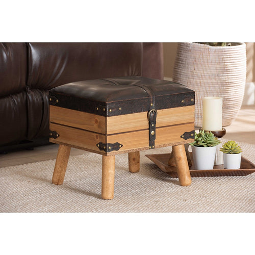 Baxton Studio Amena Rustic Transitional Dark Brown PU Leather Upholstered and Oak Finished Wood Small Storage Ottoman