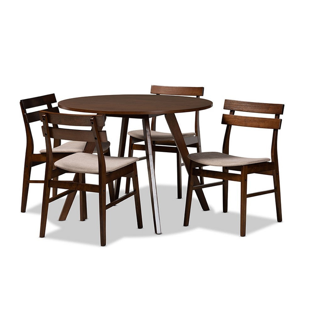 Baxton Studio Eiko Mid-Century Modern Transitional Light Beige Fabric Upholstered and Walnut Brown Finished Wood 5-Piece Dining Set