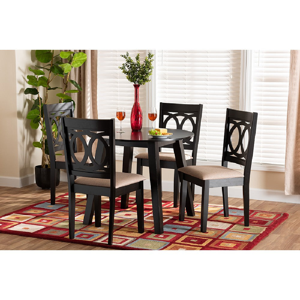 Baxton Studio Louisa Modern Beige Fabric and Dark Brown Finished Wood 5-Piece Dining Set WHI-Evie-Sand-Dark-Brown-5PC-Dining-Set