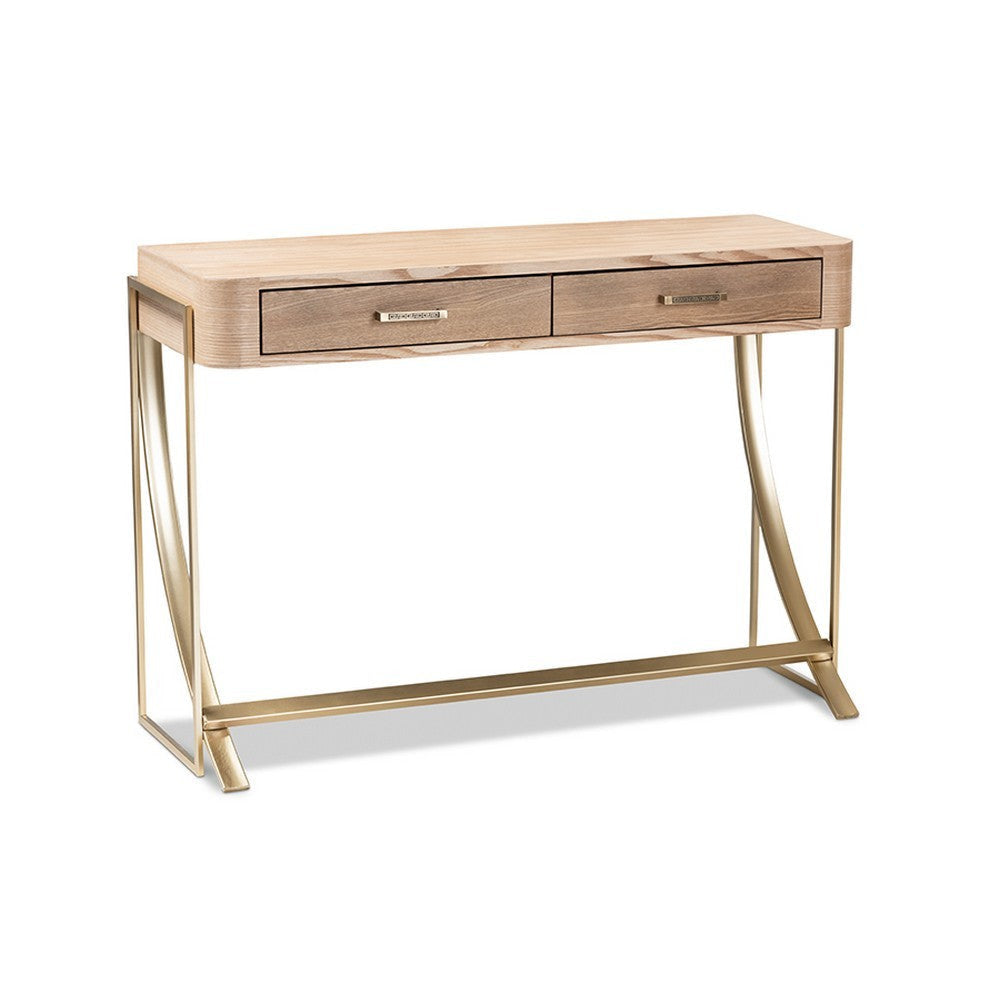 Baxton Studio Lafoy Modern and Contemporary Natural Brown Finished Wood and Gold Finished 2-Drawer Console Table