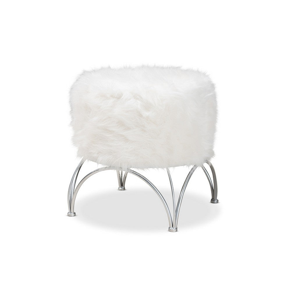 Baxton Studio Celia Modern and Contemporary White Faux Fur Upholstered Silver Metal Ottoman WHI-FJ5A-013-White-Silver-Otto