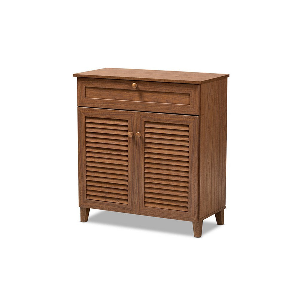 Baxton Studio Coolidge Modern and Contemporary Walnut Finished 4-Shelf Wood Shoe Storage Cabinet with Drawer WHI-FP-02LV-Walnut