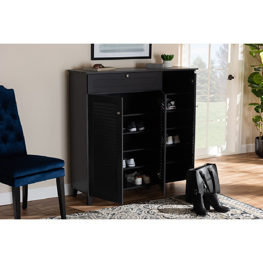 Baxton Studio Coolidge Modern and Contemporary Dark Grey Finished 11-Shelf Wood Shoe Storage Cabinet with Drawer WHI-FP-05LV-Dark-Grey