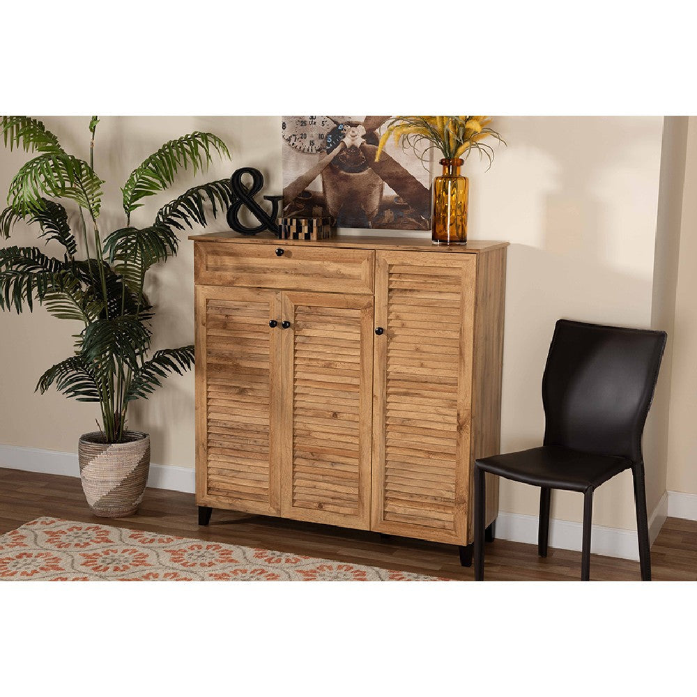 Baxton Studio Coolidge Modern and Contemporary Oak Brown Finished Wood 3-Door Shoe Storage Cabinet with Drawer WHI-FP-05LV-Wotan-Oak