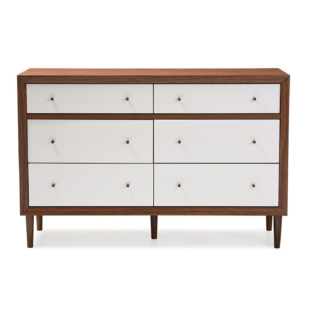 Baxton Studio Harlow Mid-century Modern Scandinavian Style White and Walnut Wood 6-drawer Storage Dresser WHI-FP-6781-Walnut-White