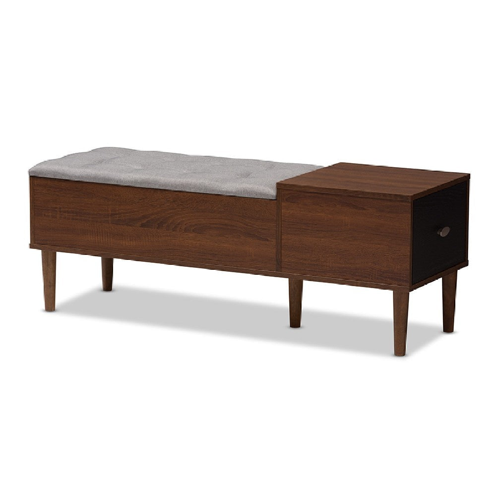 Baxton Studio Merrick Mid-century Retro Modern 1-drawer 2-tone Oak and Dark Brown Wood Entryway Storage Grey Fabric Cushioned Bench Shoe