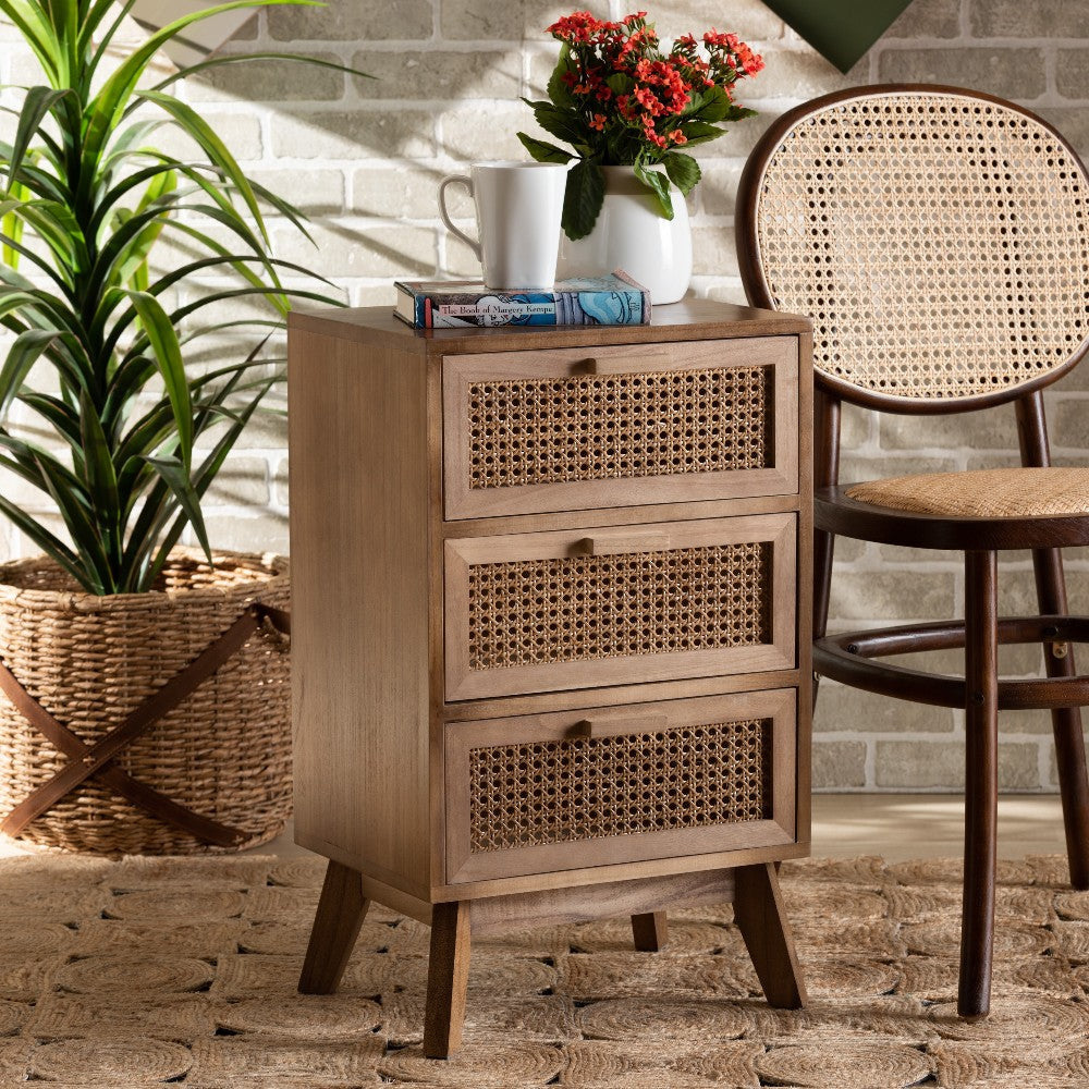 Baxton Studio Baden Mid-Century Modern Walnut Brown Finished Wood 3-Drawer End Table with Rattan