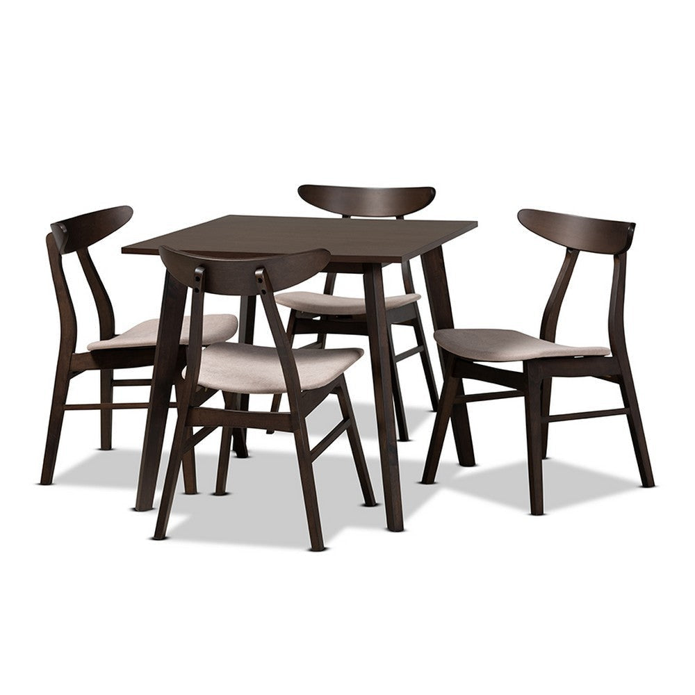 Baxton Studio Britte Mid-Century Modern Beige Fabric Upholstered Dark Oak Brown Finished 5-Piece Wood Dining Set