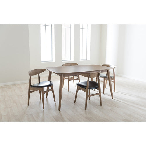 Baxton Studio Edna Mid-Century Modern French Black Faux Leather and "Oak" Light Brown Finishing Wood 5-Peice Dining Set