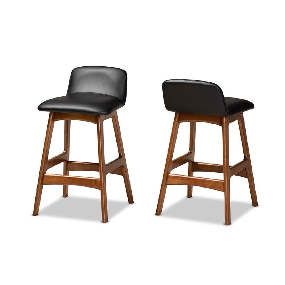 Baxton Studio Darrin Mid-Century Modern Black Faux Leather Upholstered and Walnut Brown Finished Wood 2-Piece Counter Stool Set