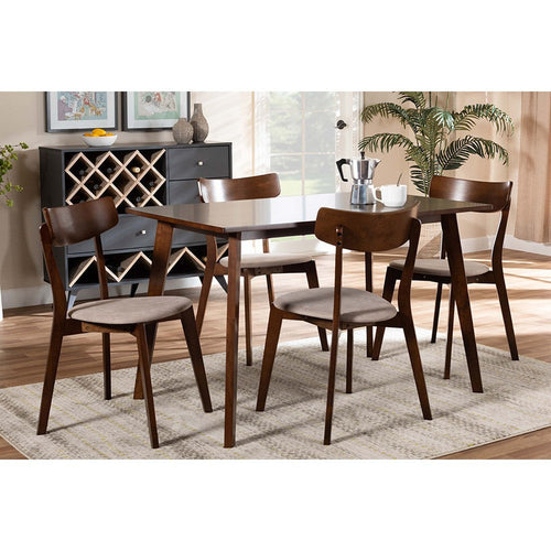 Baxton Studio Nori Mid-Century Modern Transitional Light Beige Fabric Upholstered and Walnut Brown Finished Wood 5-Piece Dining Set
