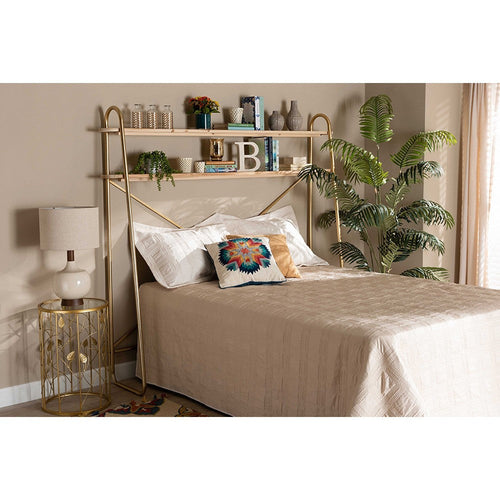 Baxton Studio Merida Glam and Luxe Brushed Gold Finished Metal and Natural Brown Finished Wood 2-Tier Over Bed Queen Size Storage Display Shelf