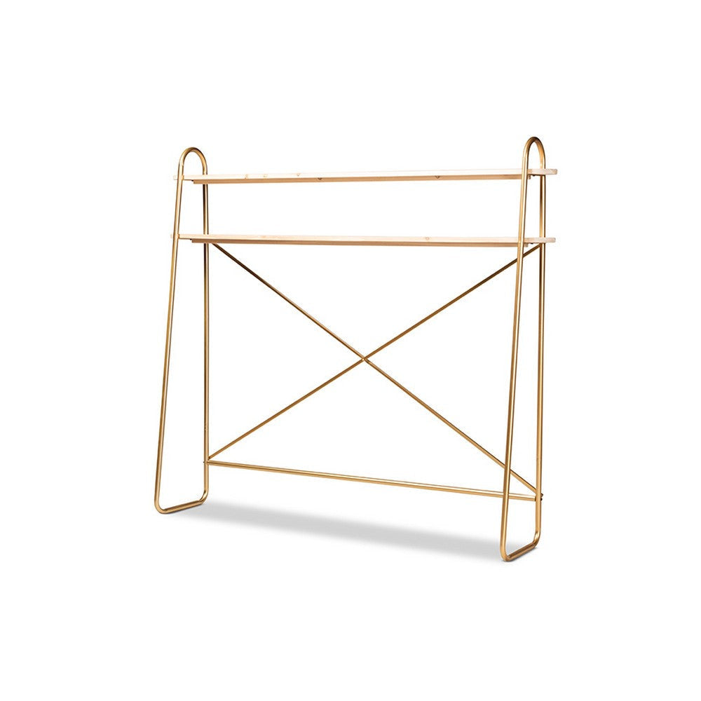 Baxton Studio Merida Glam and Luxe Brushed Gold Finished Metal and Natural Brown Finished Wood 2-Tier Over Bed Queen Size Storage Display