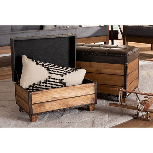 Baxton Studio Marelli Rustic Dark Brown Faux Leather Upholstered 2-Piece Wood Storage Trunk Ottoman Set
