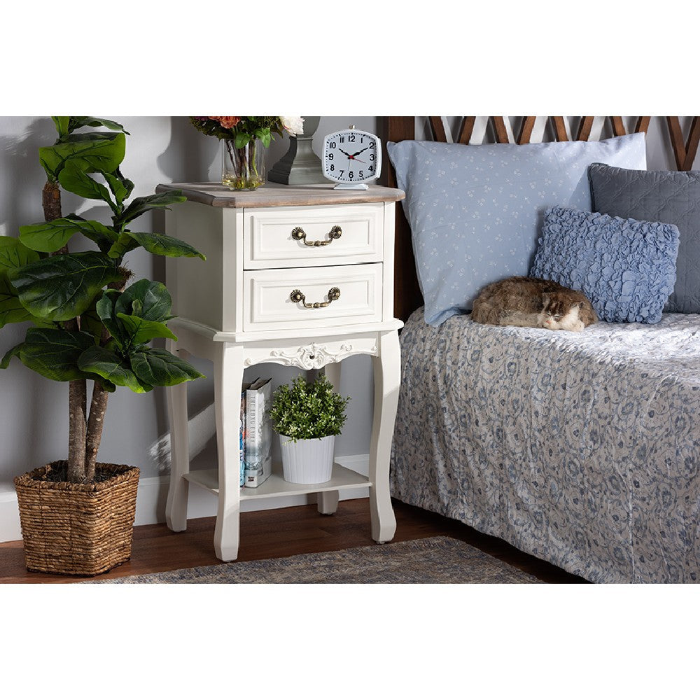 Baxton Studio Amalie Antique French Country Cottage Two-Tone White and Oak Finished 2-Drawer Wood End Table WHI-JY17B088-White-ET