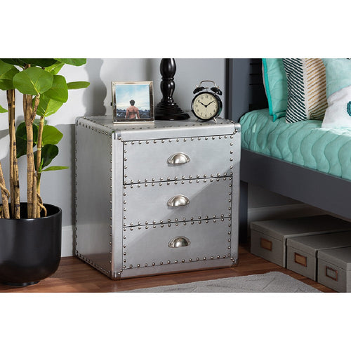 Baxton Studio Armel French Industrial Silver Metal 3-Drawer End Table