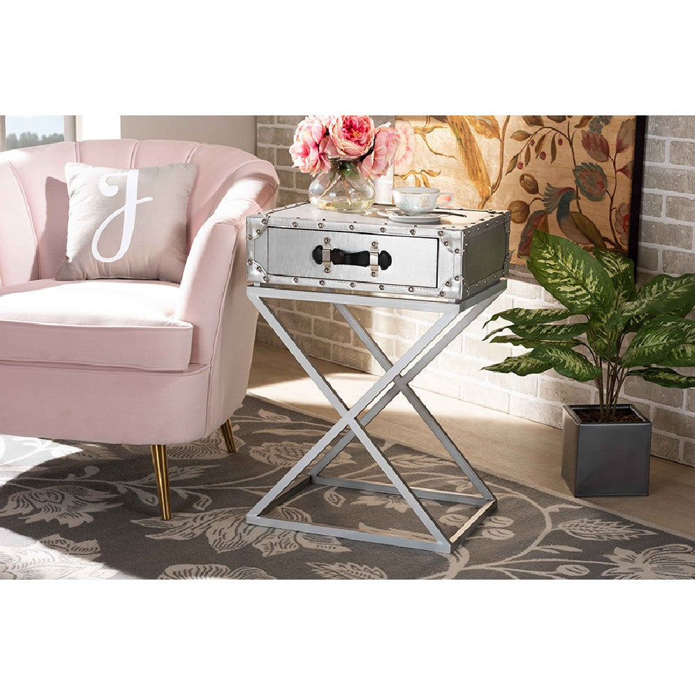 Baxton Studio William Modern French Industrial Silver Metal 1-Drawer End Table WHI-JY1955-ET