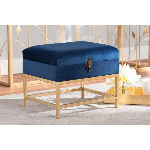 Baxton Studio Aliana Glam and Luxe Navy Blue Velvet Fabric Upholstered and Gold Finished Metal Small Storage Ottoman