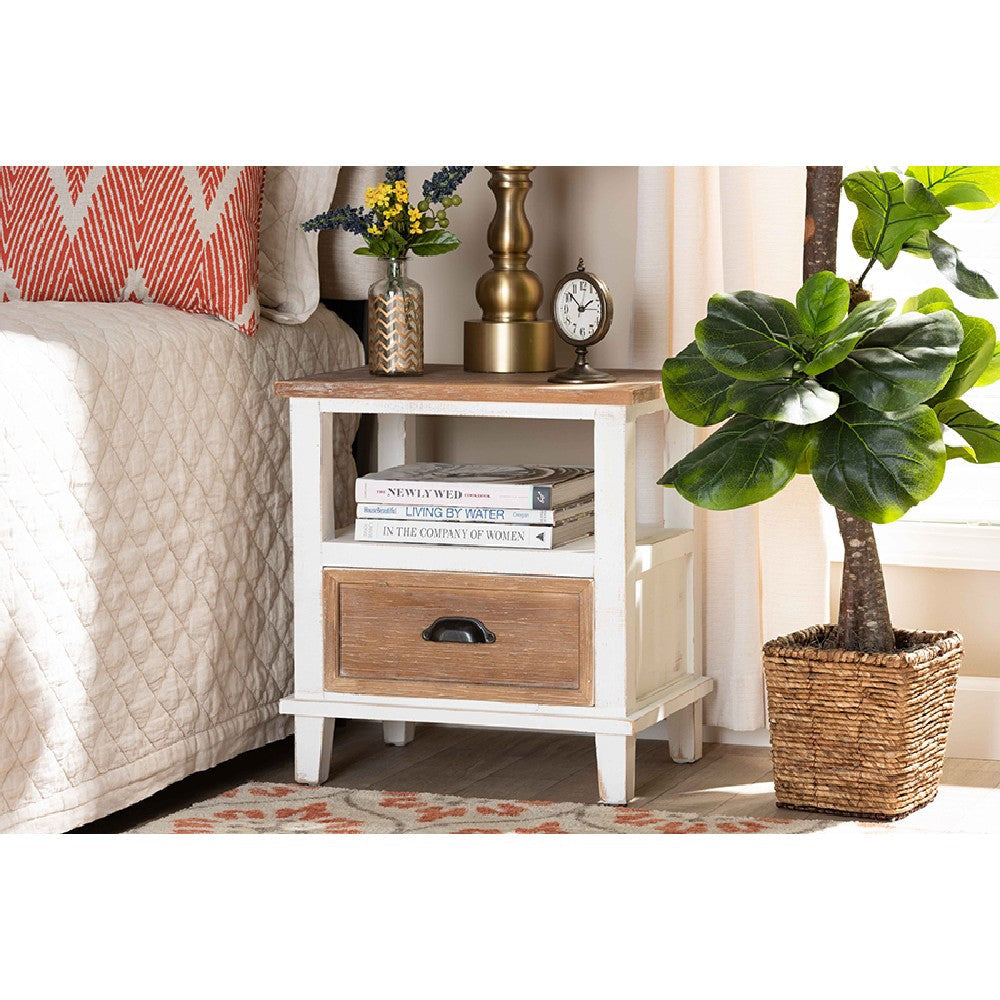 Baxton Studio Glynn Rustic Farmhouse Weathered Two-Tone White and Oak Brown Finished Wood 1-Drawer End Table WHI-JY19Y1063-White-Oak-ET