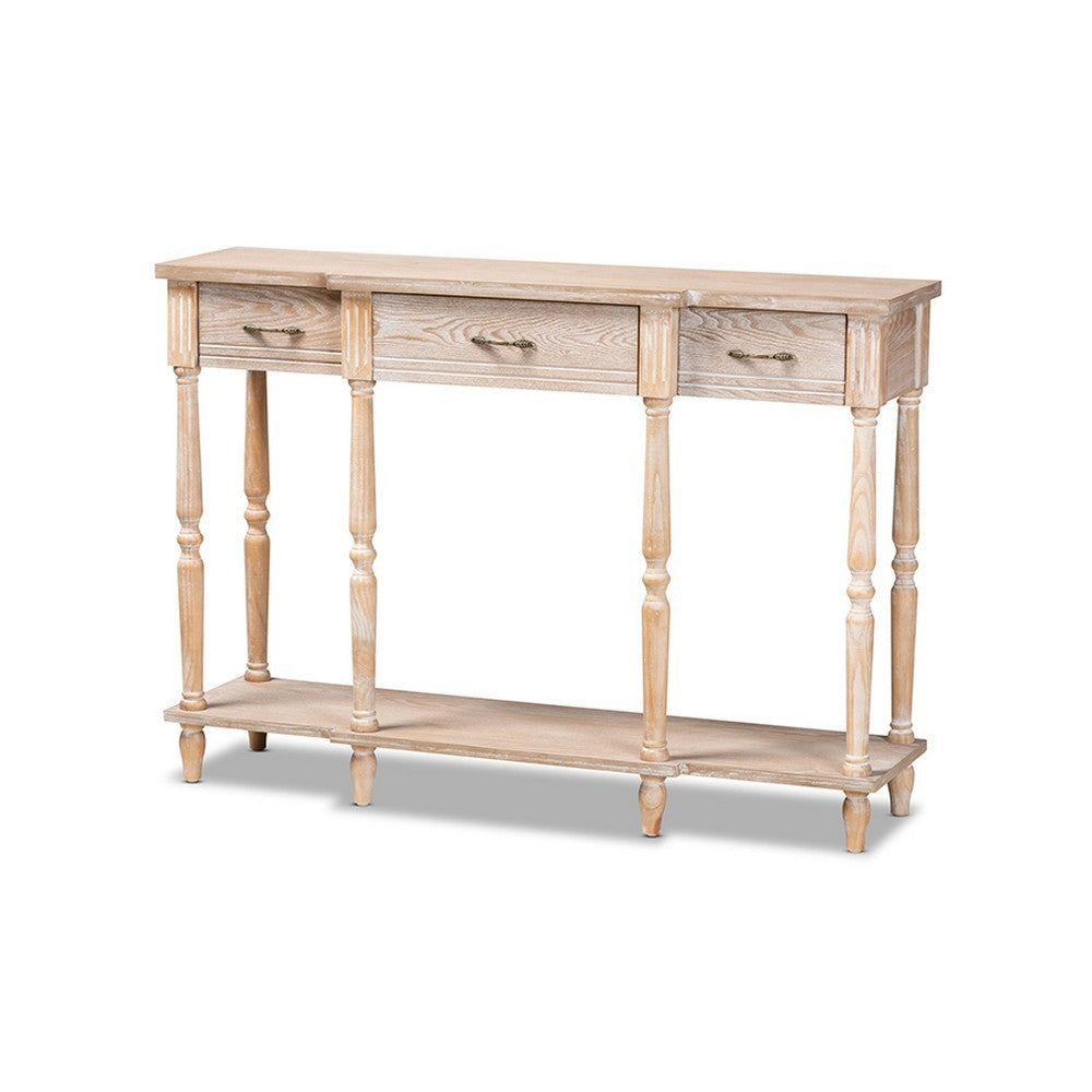 Baxton Studio Hallan Classic and Traditional French Provincial Rustic Whitewashed Oak Brown Finished Wood 3-Drawer Console Table
