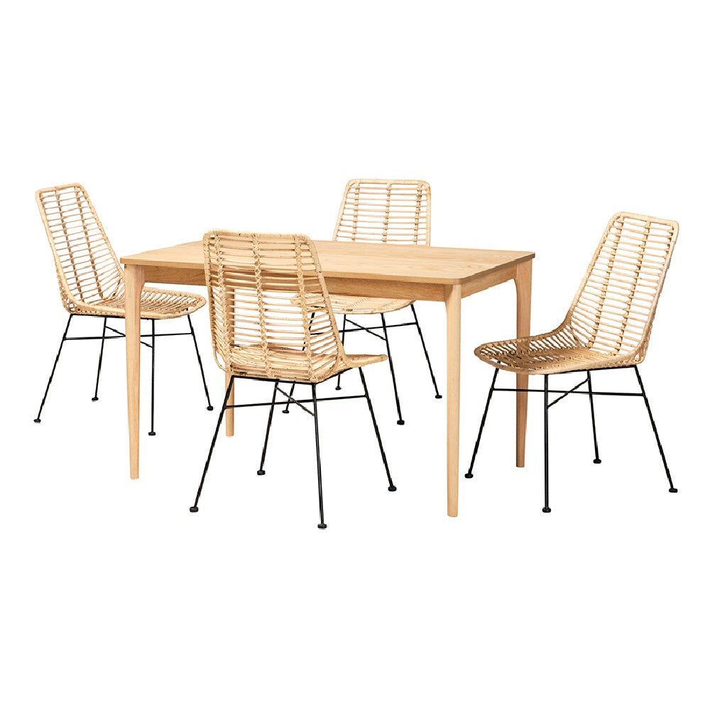 Baxton Studio Manhattan Modern Bohemian Rattan and Natural Oak Finished Wood 5-Piece Dining Set WHI-KYG001C-Natural-5PC-Dining-Set