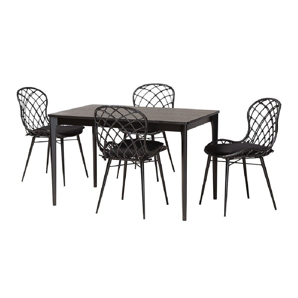 Baxton Studio Sabelle Modern Bohemian Black Finished Wood and Rattan 5-Piece Dining Set WHI-KYG002C-Black-5PC-Dining-Set