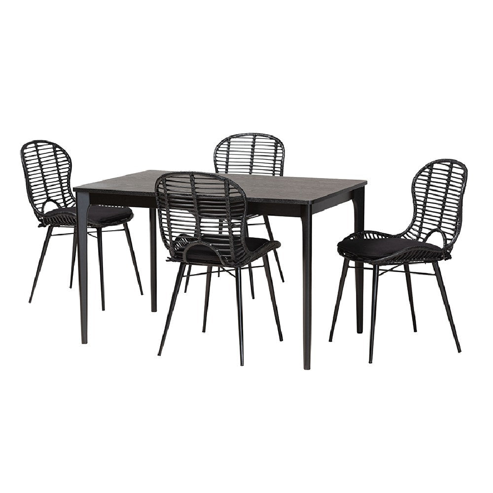 Baxton Studio Brenna Modern Bohemian Black Finished Wood and Rattan 5-Piece Dining Set WHI-KYG005C-Black-5PC-Dining-Set