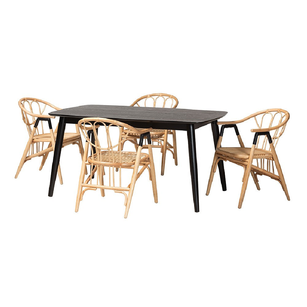 Baxton Studio Cyntia Modern Bohemian Black Finished Wood and Natural Rattan 5-Piece Dining Set WHI-KYG012C-Black-Natural-5PC-Dining-Set