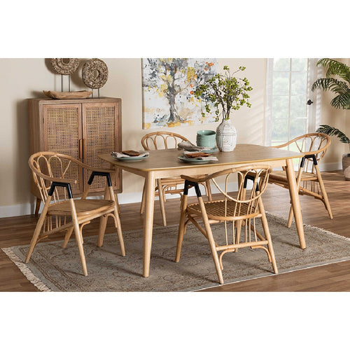Baxton Studio Cyntia Modern Bohemian Natural Brown Finished Wood and Rattan 5-Piece Dining Set