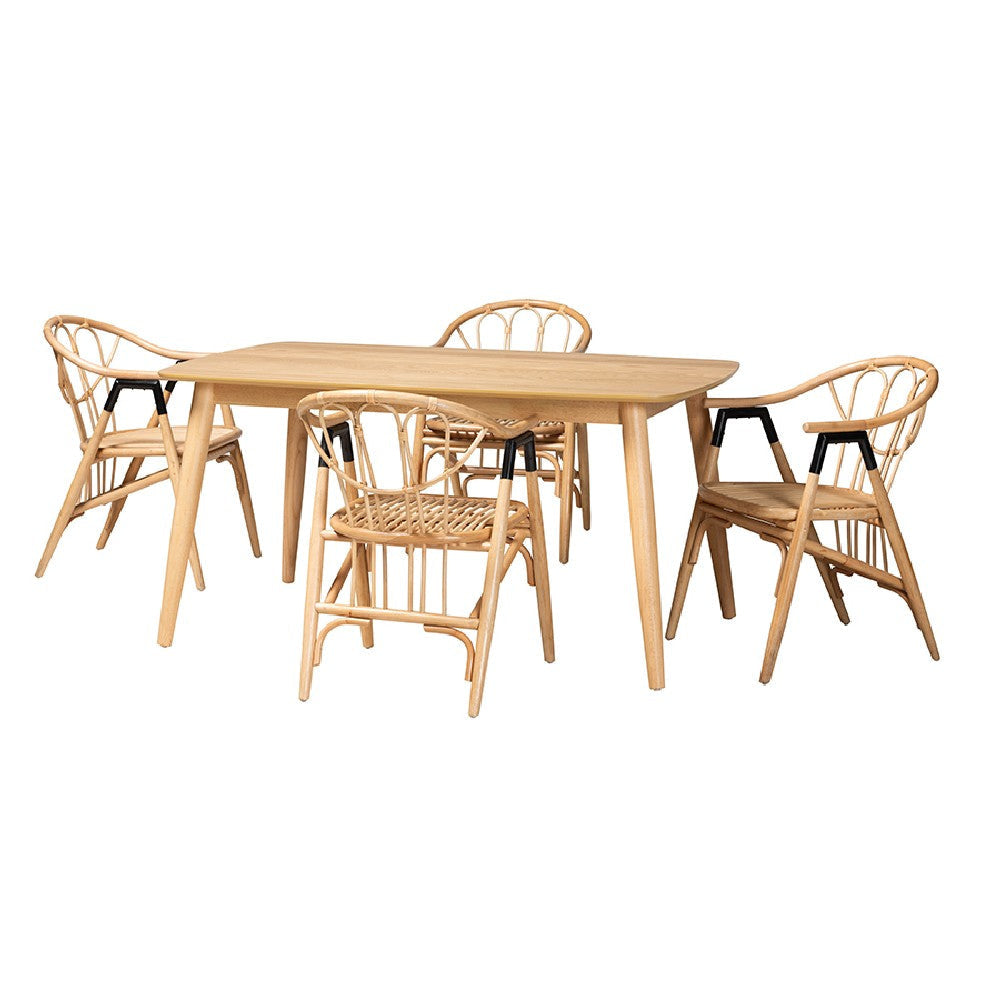 Baxton Studio Cyntia Modern Bohemian Natural Brown Finished Wood and Rattan 5-Piece Dining Set WHI-KYG012C-Natural-5PC-Dining-Set