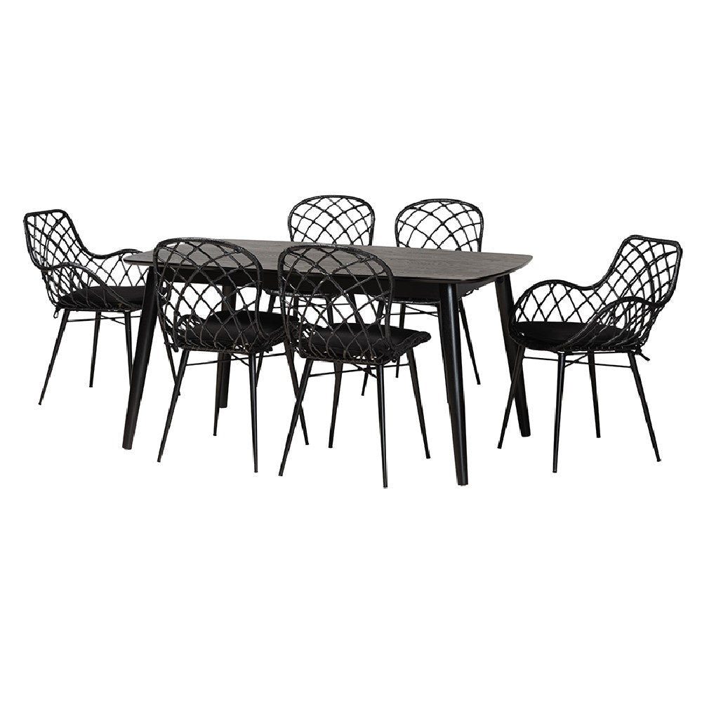 Baxton Studio Aniceta Modern Bohemian Black Finished Wood and Rattan 7-Piece Dining Set WHI-KYG013C-Black-7PC-Dining-Set