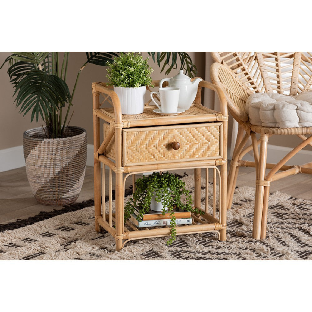 bali & pari Kobie Modern Bohemian Natural Brown Rattan 1-Drawer Nightstand WHI-Kobie-Rattan-NS