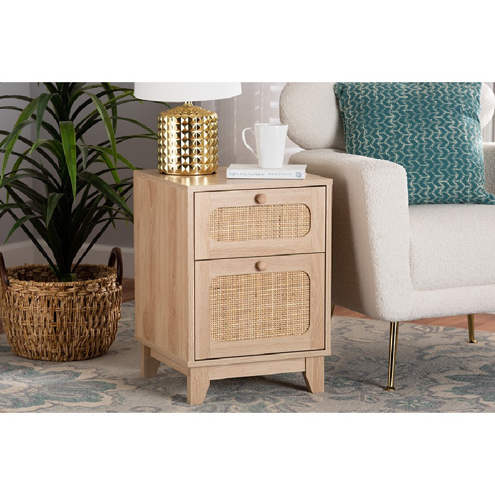 Baxton Studio Elsbeth Mid-Century Modern Light Brown Finished Wood and Natural Rattan 1-Drawer End Table WHI-LC22040701-Rattan-ET