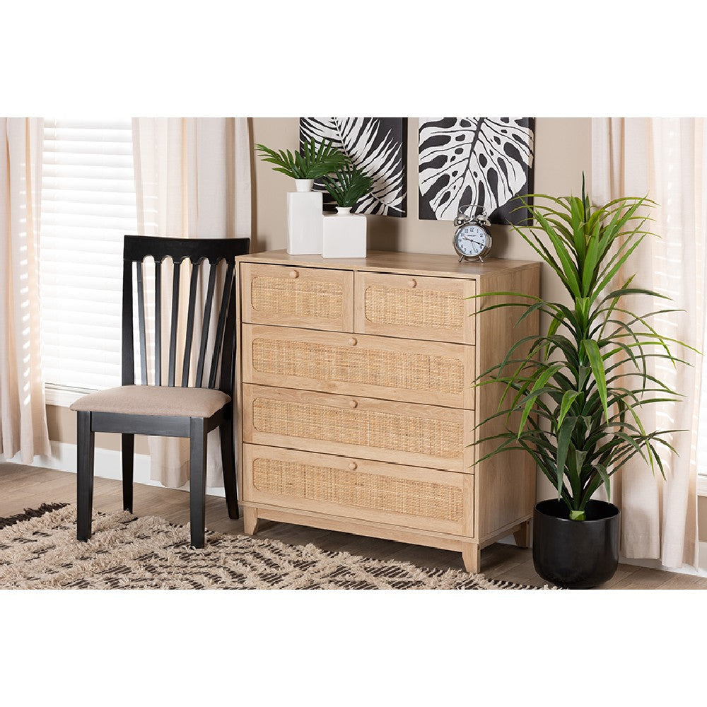 Baxton Studio Elsbeth Mid-Century Modern Oak Brown Finished Wood and Natural Rattan 5-Drawer Storage Cabinet