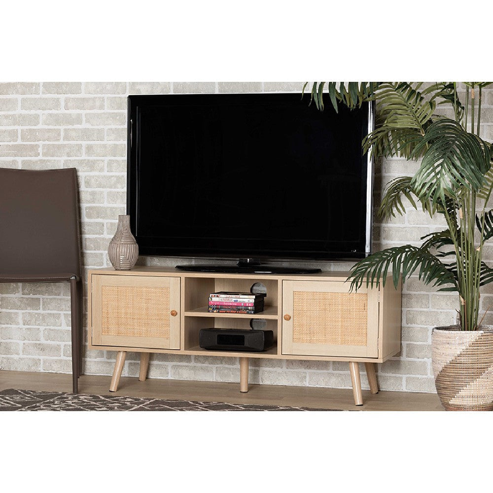 Baxton Studio Sebille Mid-Century Modern Light Brown Finished Wood 2-Door TV Stand with Natural Rattan WHI-LCF19046-Rattan-TV-Stand