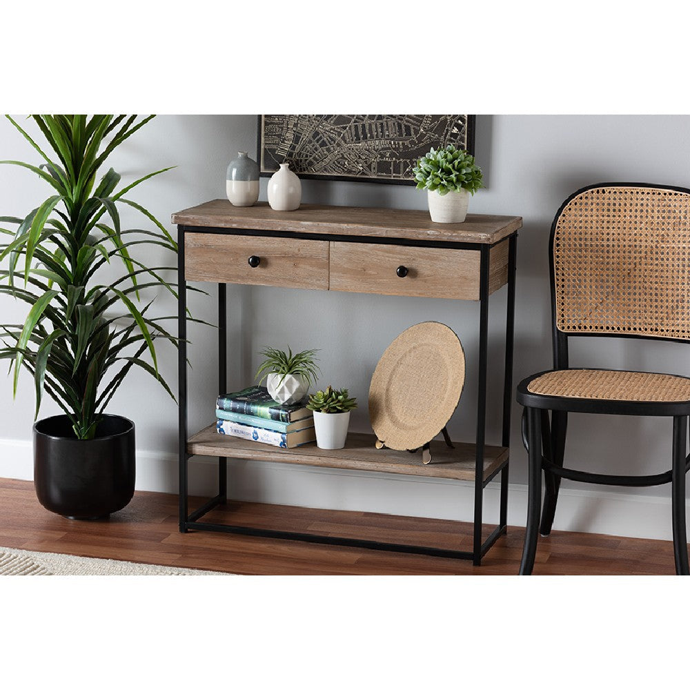 Baxton Studio Silas Modern Industrial Natural Brown Finished Wood and Black Metal 2-Drawer Console Table