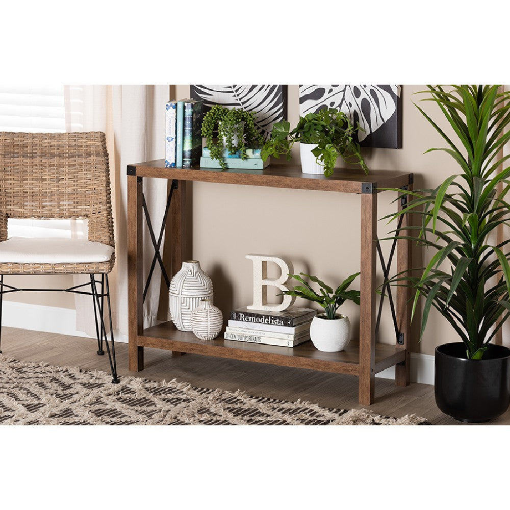 Baxton Studio Rumi Modern Farmhouse Natural Brown Finished Wood and Black Metal Console Table WHI-LCF20330-Wood-Console-Table