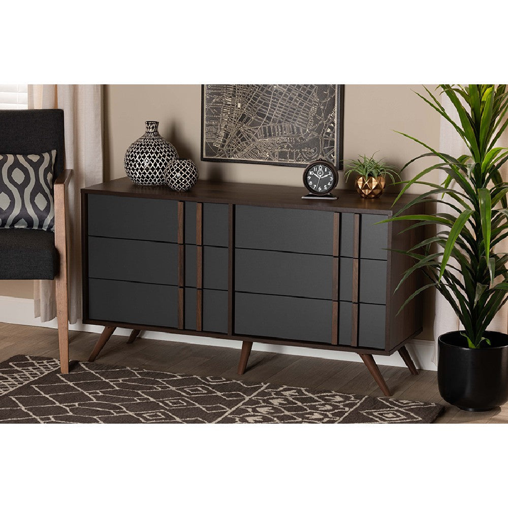 Baxton Studio Naoki Modern and Contemporary Two-Tone Grey and Walnut Finished Wood 6-Drawer Bedroom Dresser