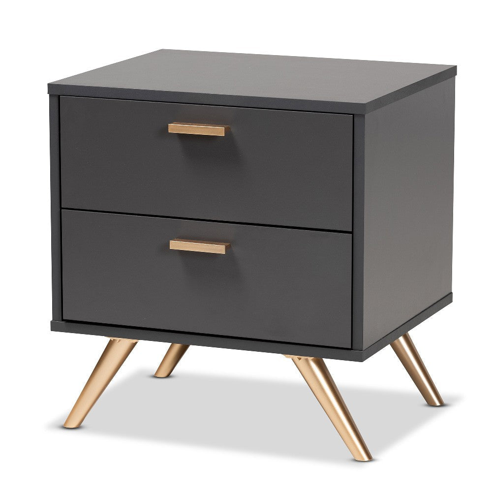 Baxton Studio Kelson Modern and Contemporary Dark Grey and Gold Finished Wood 2-Drawer Nightstand WHI-LV19ST1924-Dark-Grey-NS
