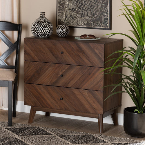 Baxton Studio Hartman Mid-Century Modern Walnut Brown Finished Wood 3-Drawer Storage Chest