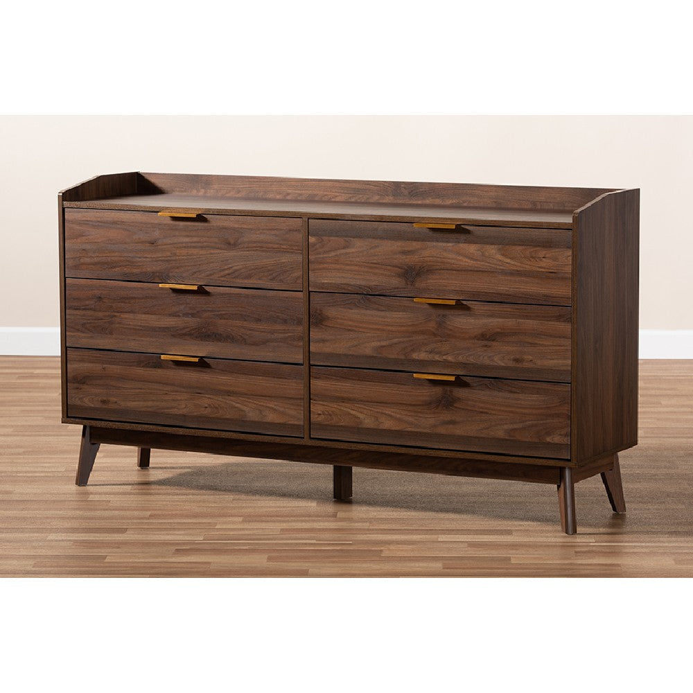 Baxton Studio Lena Mid-Century Modern Walnut Brown Finished 6-Drawer Wood Dresser WHI-LV4COD4231WI-Columbia-6DW-Dresser