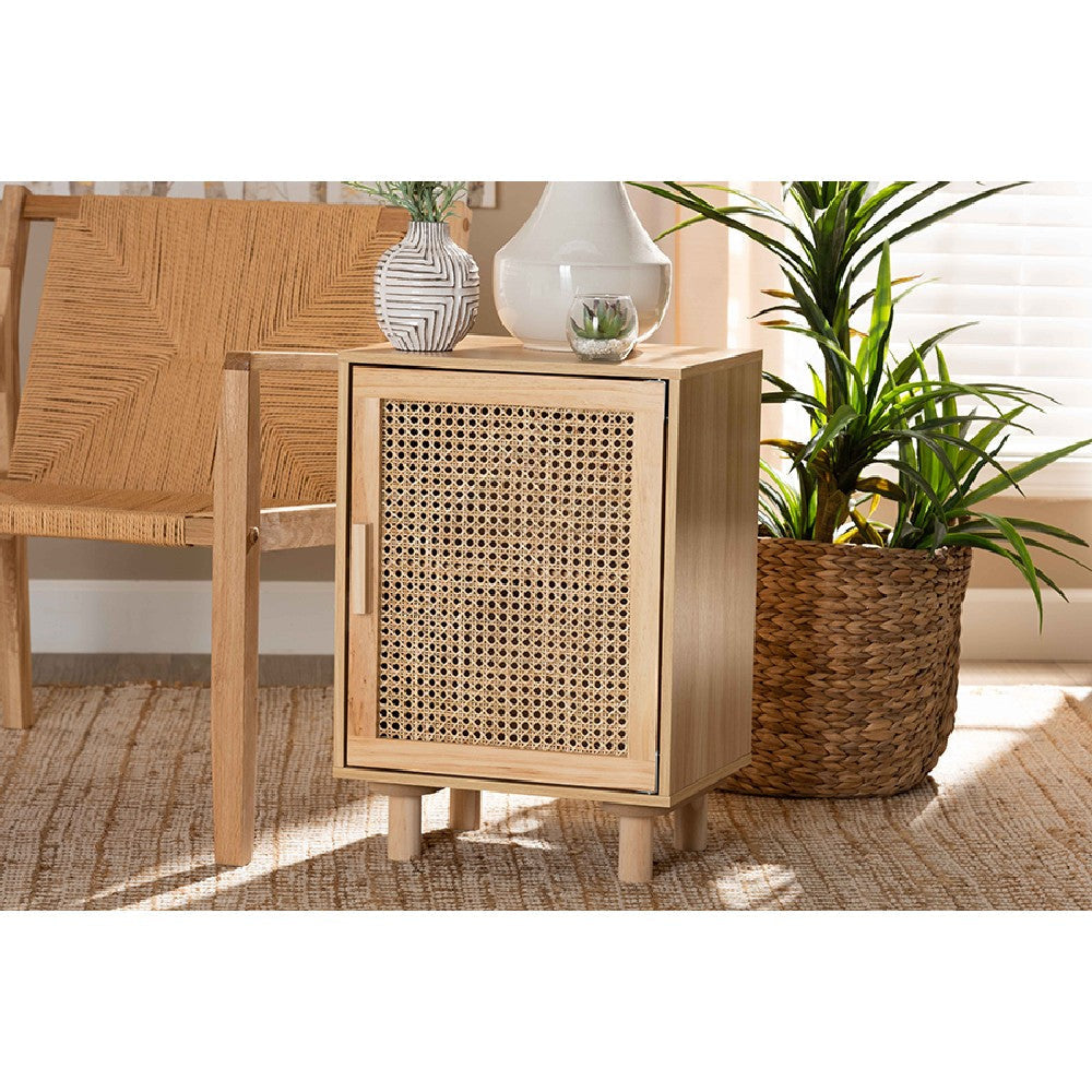 Baxton Studio Maclean Mid-Century Modern Rattan and Natural Brown Finished Wood 1-Door End Table WHI-LYA20-104-Natural-Wooden-ET