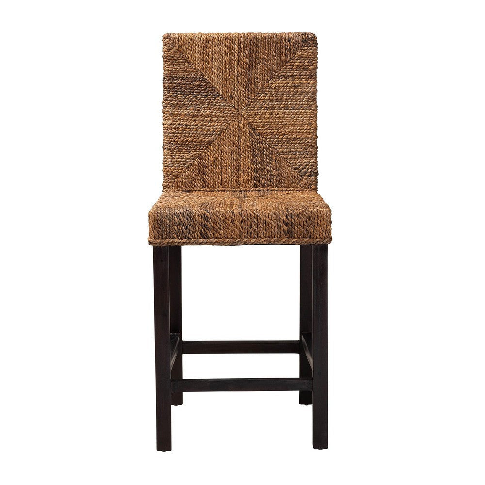 bali & pari Laymi Modern Bohemian Dark Brown Mahogany Wood and Seagrass Counter Stool WHI-Laymi-Mahogany-CS