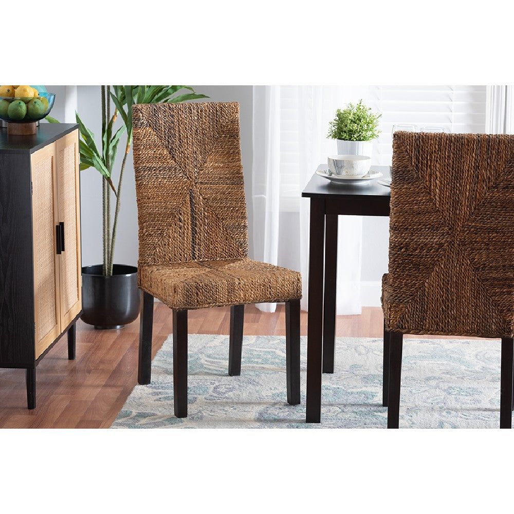 bali & pari Laymi Modern Bohemian Dark Brown Mahogany Wood and Seagrass Dining Chair WHI-Laymi-Mahogany-DC