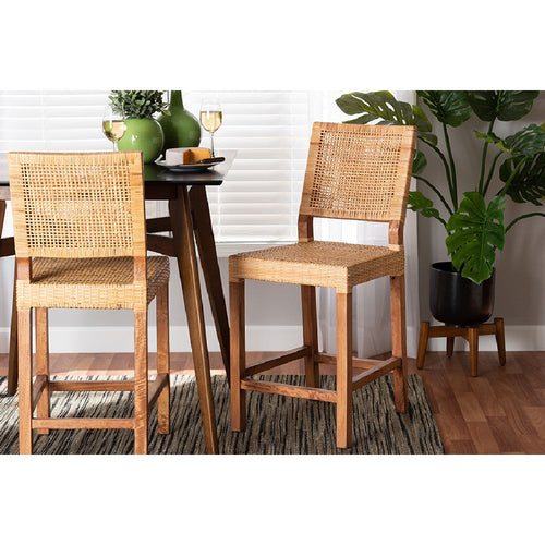 bali & pari Lesia Modern Bohemian Natural Brown Rattan and Walnut Brown Mahogany Wood Counter Stool