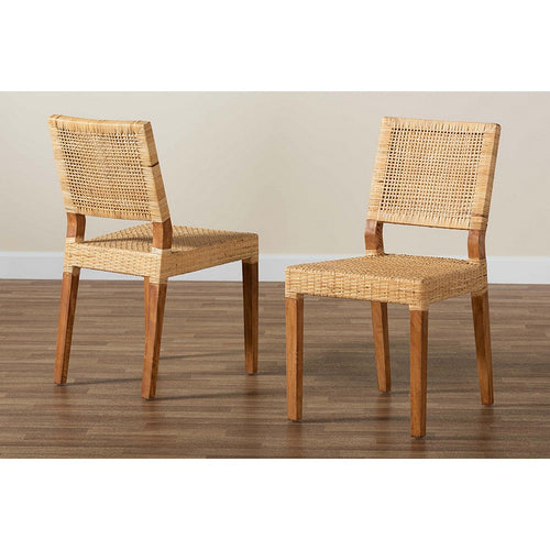 bali & pari Lesia Modern Bohemian Natural Brown Rattan and Walnut Brown Mahogany Wood Dining Chair